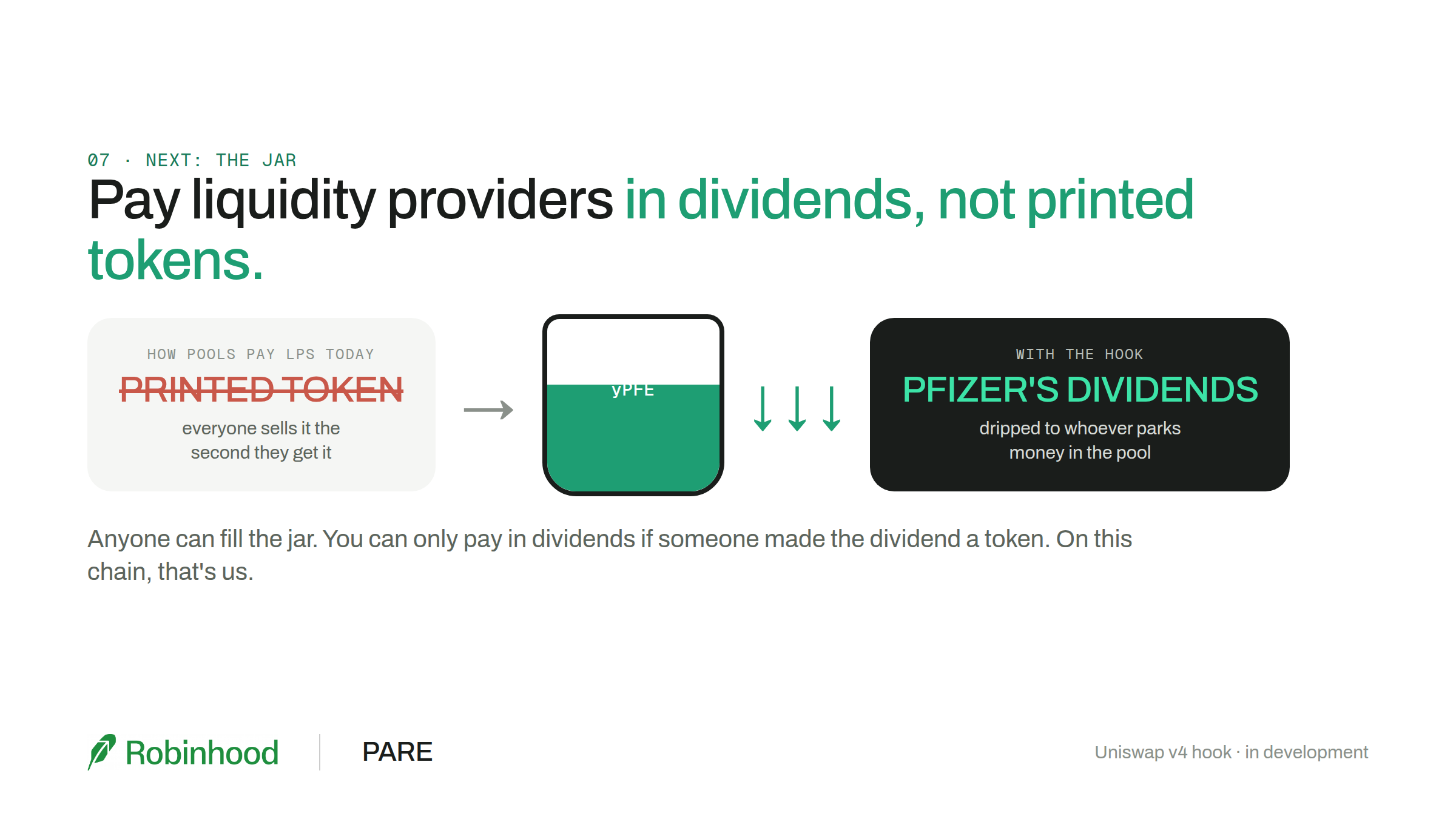 Pay liquidity providers in dividends, not printed tokens: the yPFE jar dripped to whoever parks money in the pool